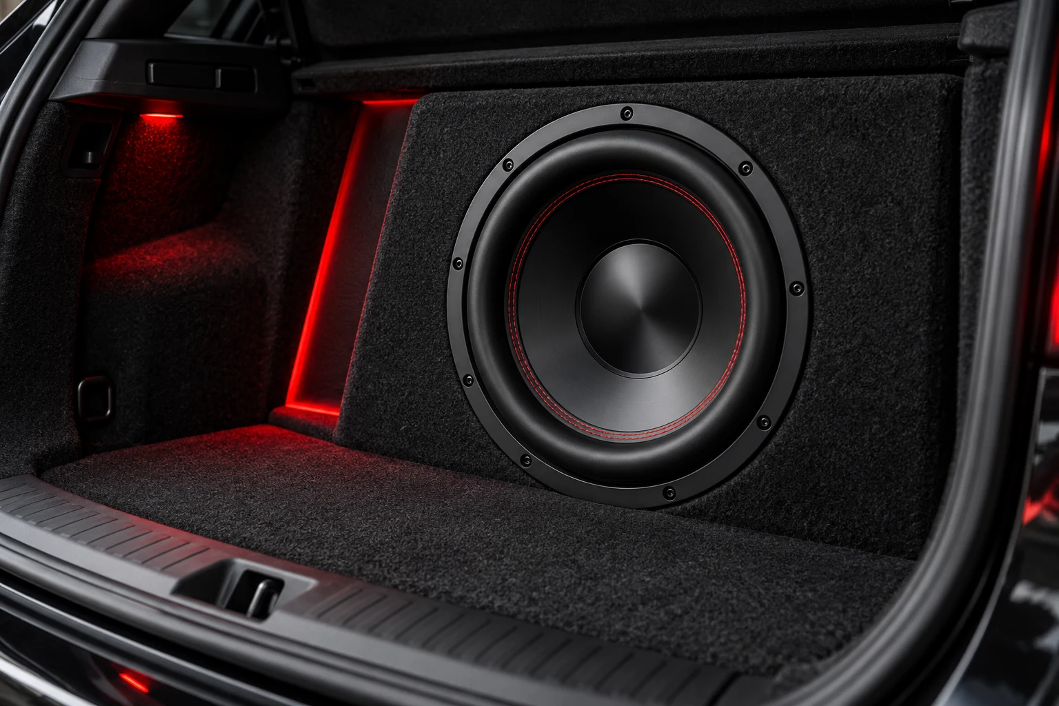 Single subwoofer in a carpeted trunk enclosure with red accent lighting