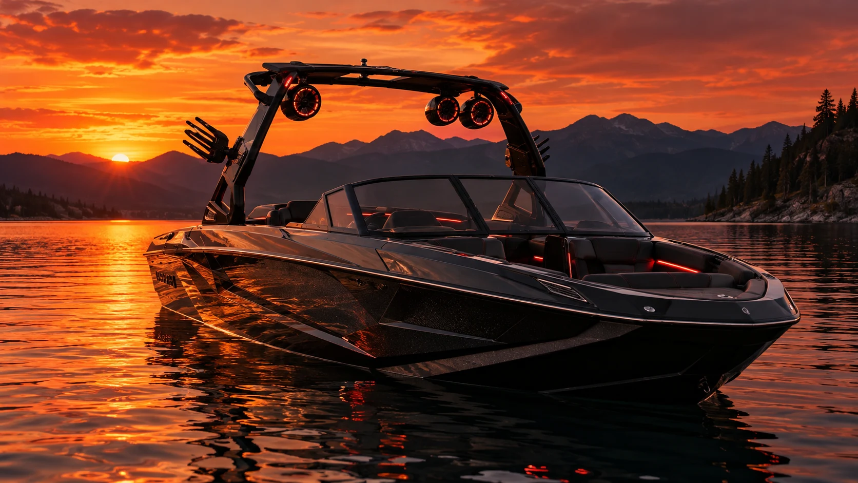 Wake boat with tower speakers on a lake at sunset